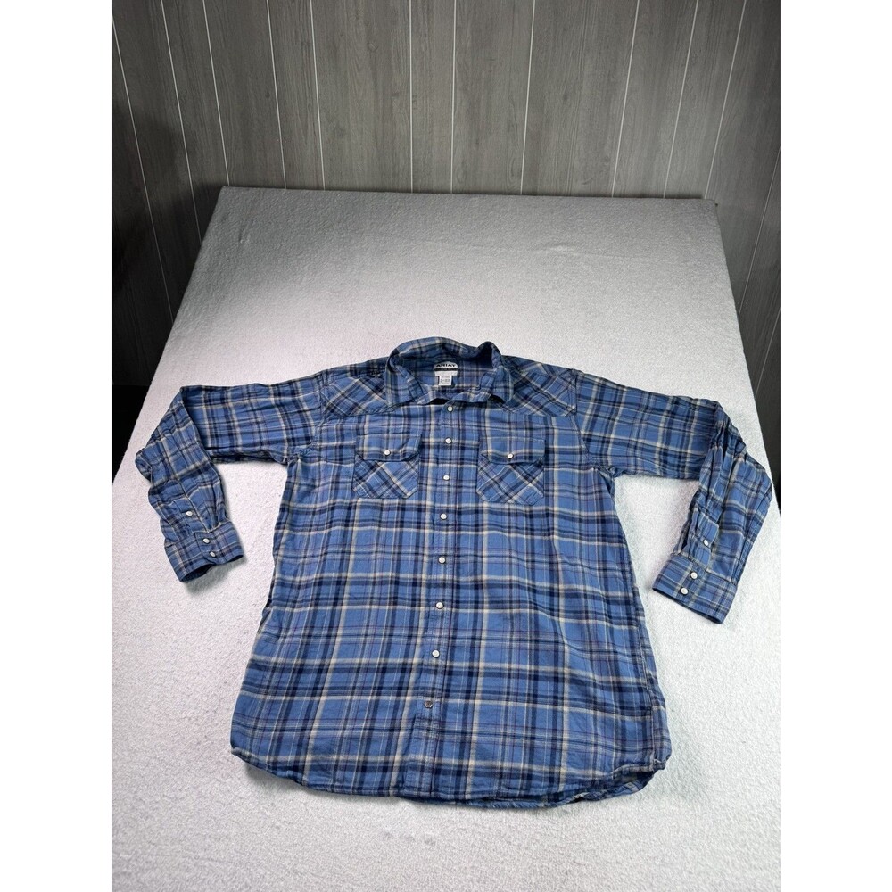 Ariat Men's XXL Tall Retro Fit Blue Plaid Western Pearl Snap Flannel Shirt